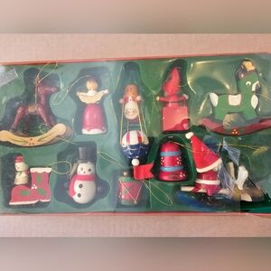 Vintage Christmas Ornament Santa Snowman Reindeer Set of 10 Wood In Original Box
